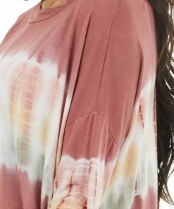 FSL APPAREL Brick Red And Ivory Long Sleeve Top With Tie Dye Detail Tops