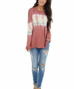 FSL APPAREL Brick Red And Ivory Long Sleeve Top With Tie Dye Detail Tops