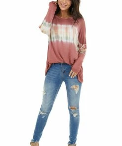 FSL APPAREL Brick Red And Ivory Long Sleeve Top With Tie Dye Detail Tops