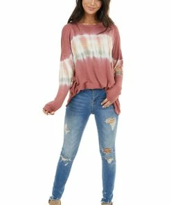 FSL APPAREL Brick Red And Ivory Long Sleeve Top With Tie Dye Detail Tops