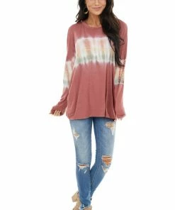 FSL APPAREL Brick Red And Ivory Long Sleeve Top With Tie Dye Detail Tops