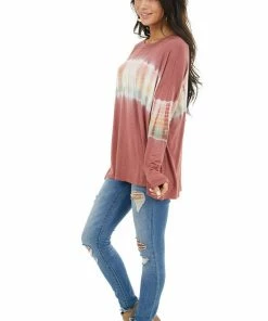 FSL APPAREL Brick Red And Ivory Long Sleeve Top With Tie Dye Detail Tops