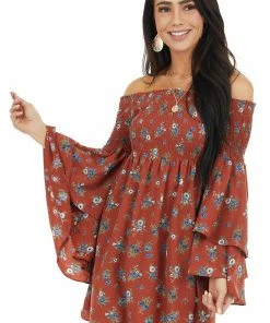 Lime Lush Brick Red Floral Print Off The Shoulder Mini Dress Dresses