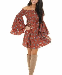 Lime Lush Brick Red Floral Print Off The Shoulder Mini Dress Dresses