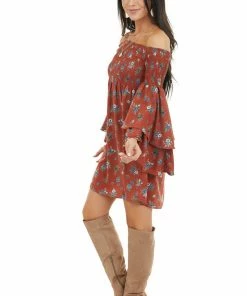 Lime Lush Brick Red Floral Print Off The Shoulder Mini Dress Dresses