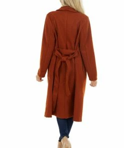 Hem & Thread Brick Red Heavy Knit Trench Coat With Waist Tie Detail Outerwear