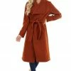Hem & Thread Brick Red Heavy Knit Trench Coat With Waist Tie Detail Outerwear