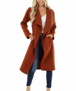 Hem & Thread Brick Red Heavy Knit Trench Coat With Waist Tie Detail Outerwear