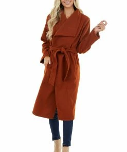 Hem & Thread Brick Red Heavy Knit Trench Coat With Waist Tie Detail Outerwear