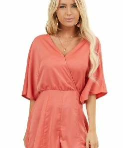 Wishlist Dresses Brick Red Short Sleeve Woven Surplice Romper