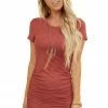 Entro Brick Short Sleeve Knit Dress With Side Ruching Detail Dresses