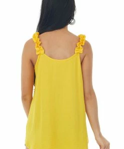 FSL APPAREL Bright Amber Elastic Ruffle Strap Woven Tank Top Tops