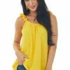 FSL APPAREL Bright Amber Elastic Ruffle Strap Woven Tank Top Tops