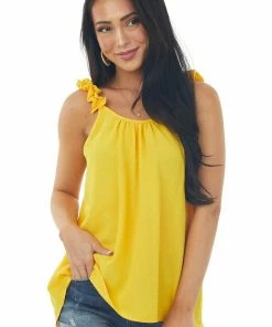 FSL APPAREL Bright Amber Elastic Ruffle Strap Woven Tank Top Tops