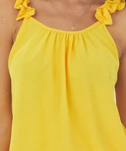 FSL APPAREL Bright Amber Elastic Ruffle Strap Woven Tank Top Tops