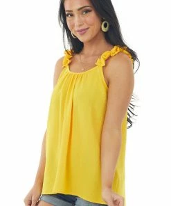 FSL APPAREL Bright Amber Elastic Ruffle Strap Woven Tank Top Tops