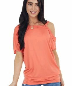 Ninexis Tops Bright Coral Knit Tunic Top With Single Cold Shoulder