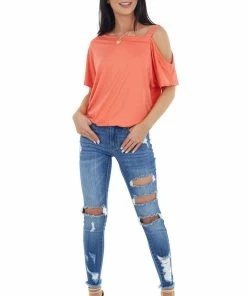 Ninexis Tops Bright Coral Knit Tunic Top With Single Cold Shoulder