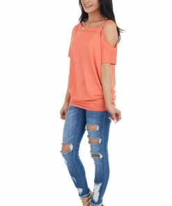 Ninexis Tops Bright Coral Knit Tunic Top With Single Cold Shoulder
