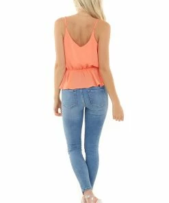 She + Sky Bright Coral Peplum Tank Top With Surplice Neckline And Tie Tops