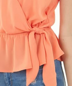 She + Sky Bright Coral Peplum Tank Top With Surplice Neckline And Tie Tops
