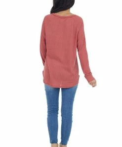 7th Ray Bright Marsala Waffle Knit Long Sleeve Top With V Stitch Tops