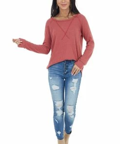 7th Ray Bright Marsala Waffle Knit Long Sleeve Top With V Stitch Tops