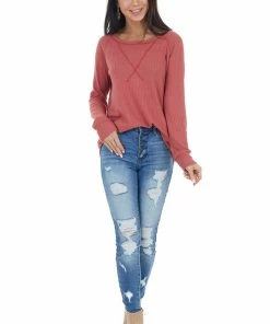 7th Ray Bright Marsala Waffle Knit Long Sleeve Top With V Stitch Tops