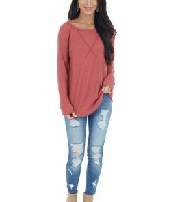 7th Ray Bright Marsala Waffle Knit Long Sleeve Top With V Stitch Tops