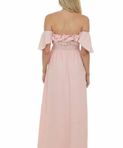 HYFVE Pink Ruffle Off Shoulder Slit Maxi Dress Dresses 16 HYFVE Pink Ruffle Off Shoulder Slit Maxi Dress Dresses