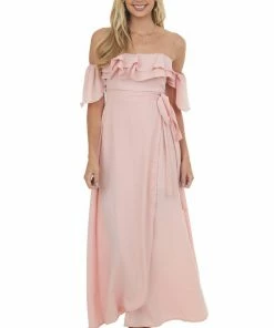 HYFVE Pink Ruffle Off Shoulder Slit Maxi Dress Dresses 14 HYFVE Pink Ruffle Off Shoulder Slit Maxi Dress Dresses
