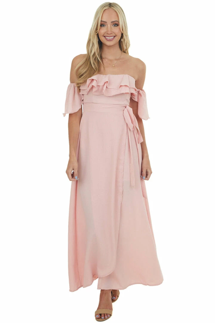HYFVE Pink Ruffle Off Shoulder Slit Maxi Dress Dresses 7 HYFVE Pink Ruffle Off Shoulder Slit Maxi Dress Dresses