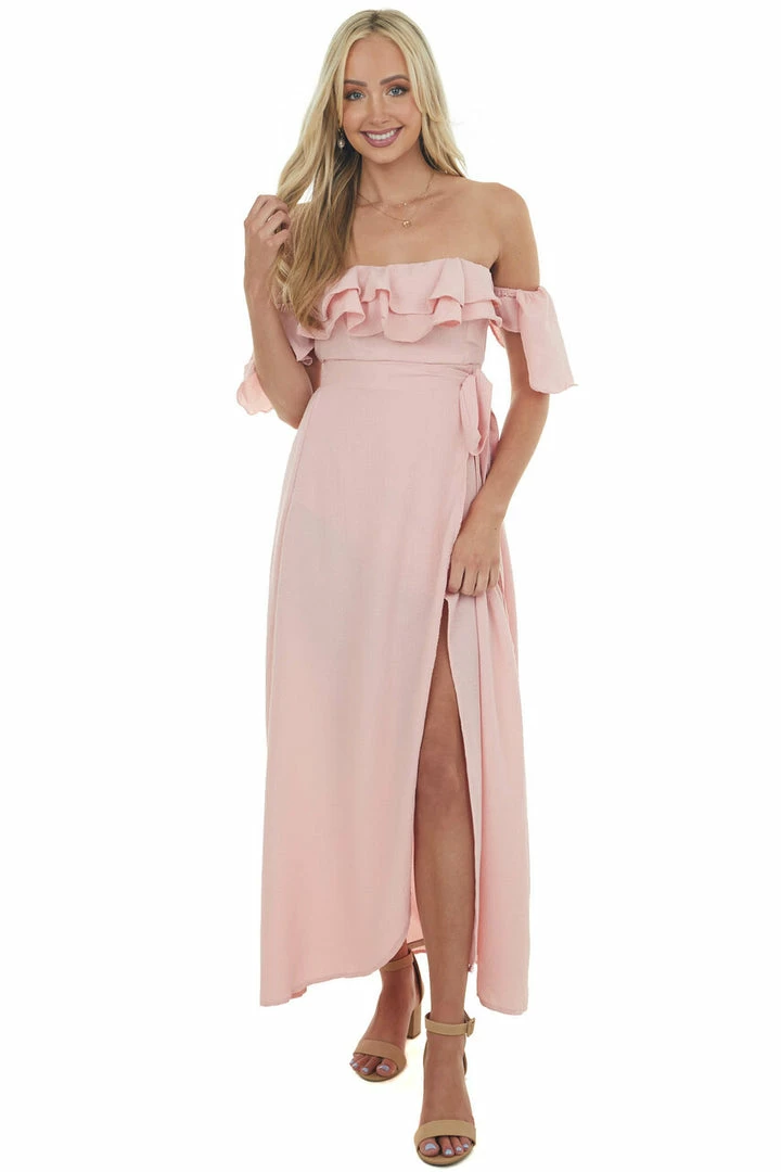 HYFVE Pink Ruffle Off Shoulder Slit Maxi Dress Dresses 6 HYFVE Pink Ruffle Off Shoulder Slit Maxi Dress Dresses