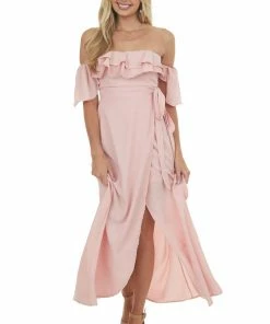 HYFVE Pink Ruffle Off Shoulder Slit Maxi Dress Dresses 12 HYFVE Pink Ruffle Off Shoulder Slit Maxi Dress Dresses