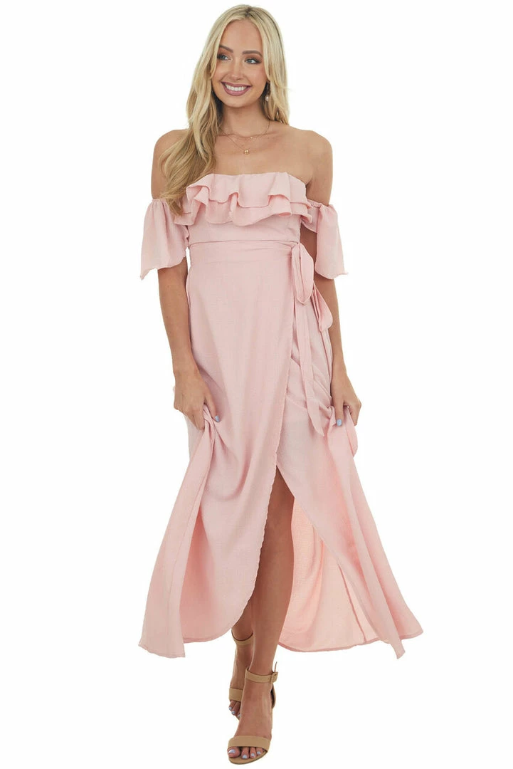 HYFVE Pink Ruffle Off Shoulder Slit Maxi Dress Dresses 5 HYFVE Pink Ruffle Off Shoulder Slit Maxi Dress Dresses