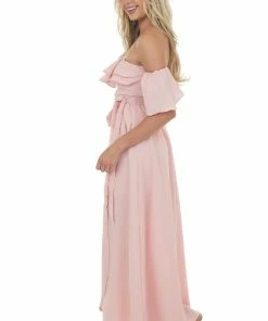 HYFVE Pink Ruffle Off Shoulder Slit Maxi Dress Dresses 15 HYFVE Pink Ruffle Off Shoulder Slit Maxi Dress Dresses