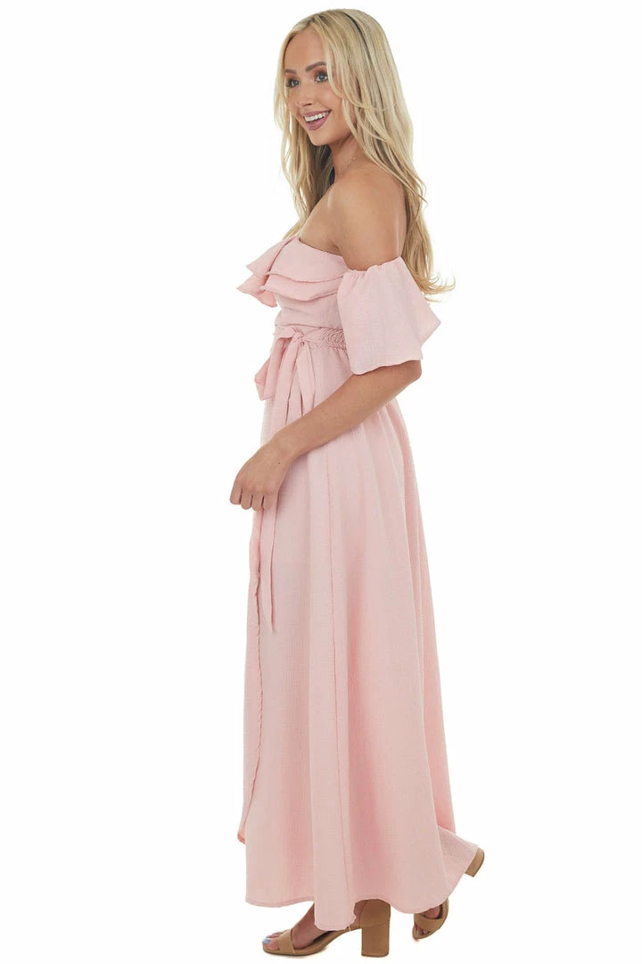 HYFVE Pink Ruffle Off Shoulder Slit Maxi Dress Dresses 8 HYFVE Pink Ruffle Off Shoulder Slit Maxi Dress Dresses