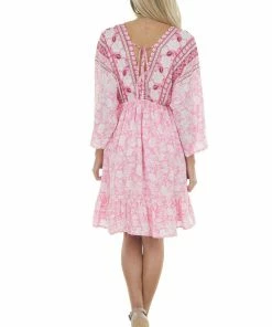 Jodifl Dresses Bright Pink Tropical 3/4 Sleeve Back Tie Dress