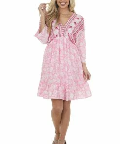 Jodifl Dresses Bright Pink Tropical 3/4 Sleeve Back Tie Dress