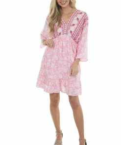 Jodifl Dresses Bright Pink Tropical 3/4 Sleeve Back Tie Dress
