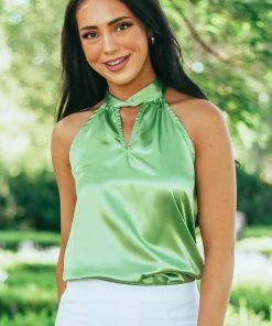 FSL APPAREL Bright Pistachio Silky Satin Sleeveless Halter Top