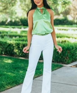 FSL APPAREL Bright Pistachio Silky Satin Sleeveless Halter Top