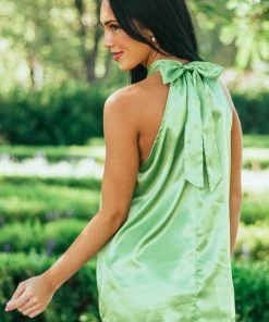 FSL APPAREL Bright Pistachio Silky Satin Sleeveless Halter Top