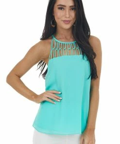 NAKED ZEBRA Bright Seafoam Tank Top With Loop Knotted Neckline Tops