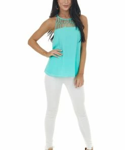 NAKED ZEBRA Bright Seafoam Tank Top With Loop Knotted Neckline Tops