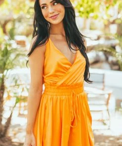 Glam Bright Tangerine Surplice Smocked Waist Romper