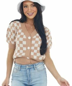Listicle Brown Sugar Checkered Puff Sleeve Cardigan Tops