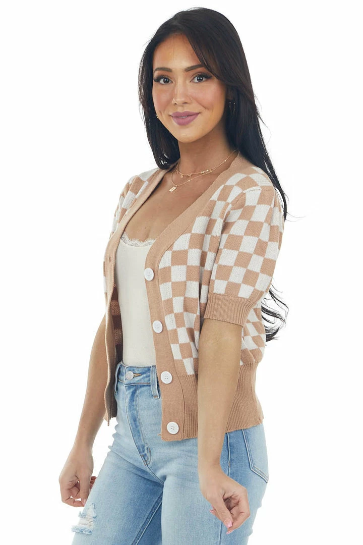 Listicle Brown Sugar Checkered Puff Sleeve Cardigan Tops 6 Listicle Brown Sugar Checkered Puff Sleeve Cardigan Tops