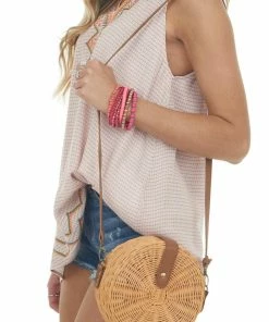 Fame Accessories Brown Sugar Rattan Woven Round Crossbody Bag