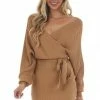 Style Melody Brown Sugar Surplice Ribbed Knit Sweater Dress Dresses